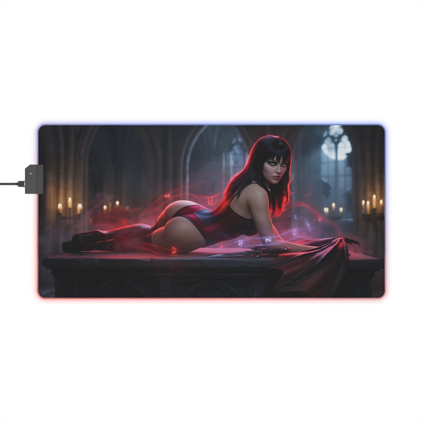 Vampirella RGB Mouse Pad – Dark Fantasy LED Desk Mat, Gamer Room Decor with heroine artwork, RGB edge lighting, extended desk mat