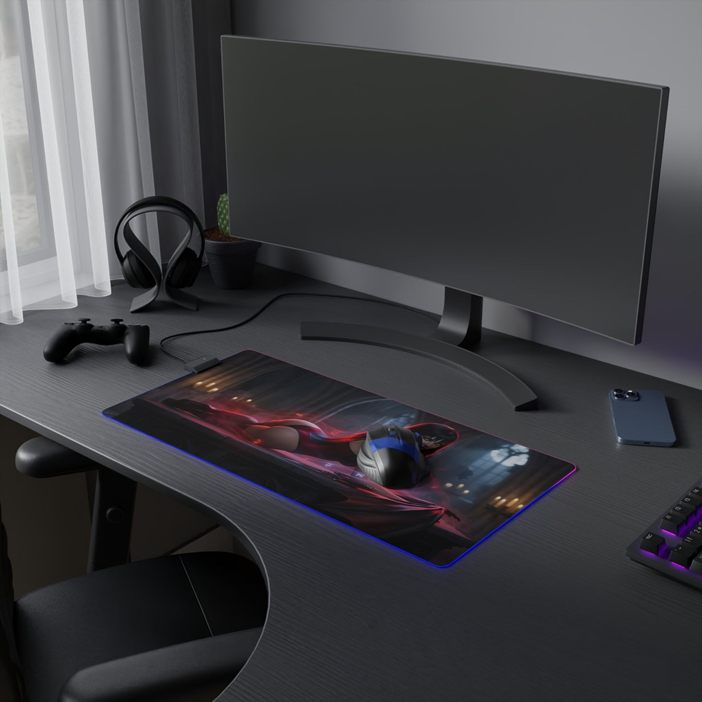 Vampirella RGB Mouse Pad – Dark Fantasy LED Desk Mat, Gamer Room Decor on a sleek RGB gaming desk with extended mat, vivid heroine artwork and edge lighting