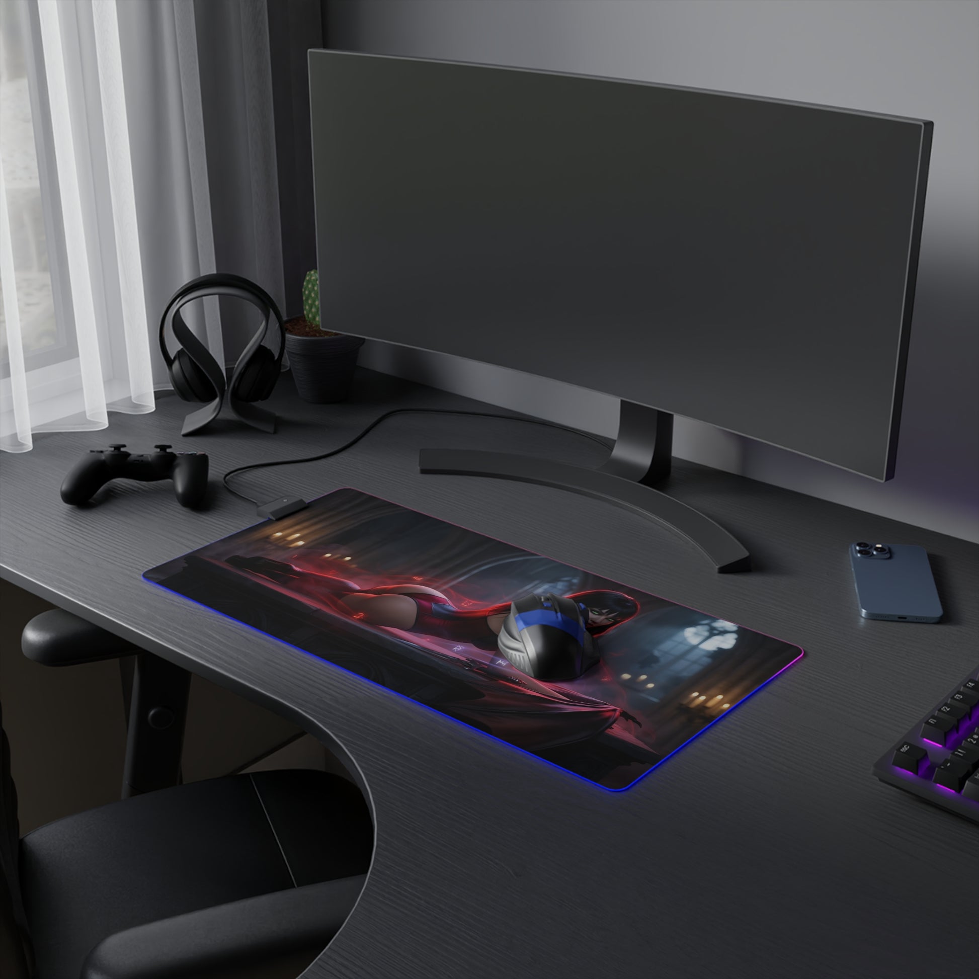 Vampirella RGB Mouse Pad – Dark Fantasy LED Desk Mat, Gamer Room Decor on a sleek RGB gaming desk with extended mat, vivid heroine artwork and edge lighting
