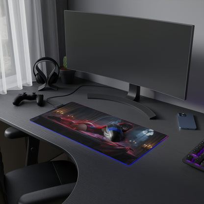 Vampirella RGB Mouse Pad – Dark Fantasy LED Desk Mat, Gamer Room Decor on a sleek RGB gaming desk with extended mat, vivid heroine artwork and edge lighting