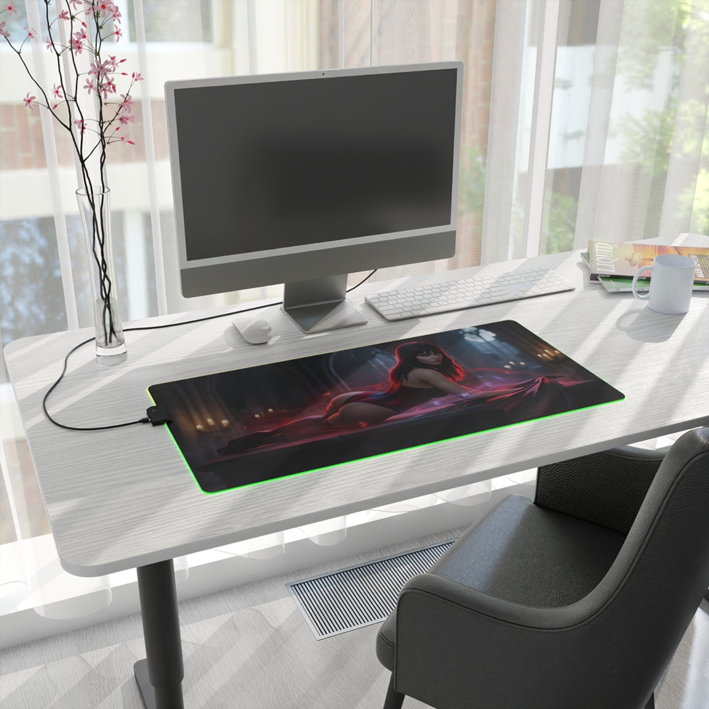 Vampirella RGB Mouse Pad – Dark Fantasy LED Desk Mat, Gamer Room Decor on white desk with green RGB edge and heroine artwork