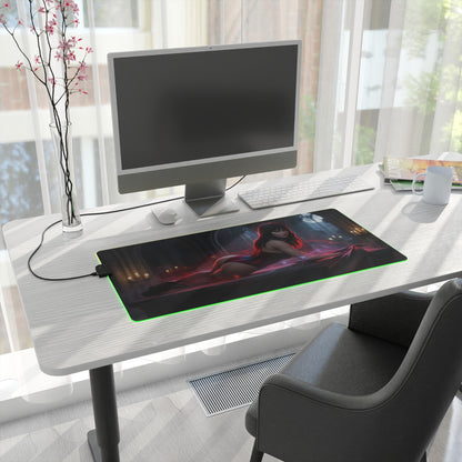 Vampirella RGB Mouse Pad – Dark Fantasy LED Desk Mat, Gamer Room Decor on white desk with green RGB edge and heroine artwork