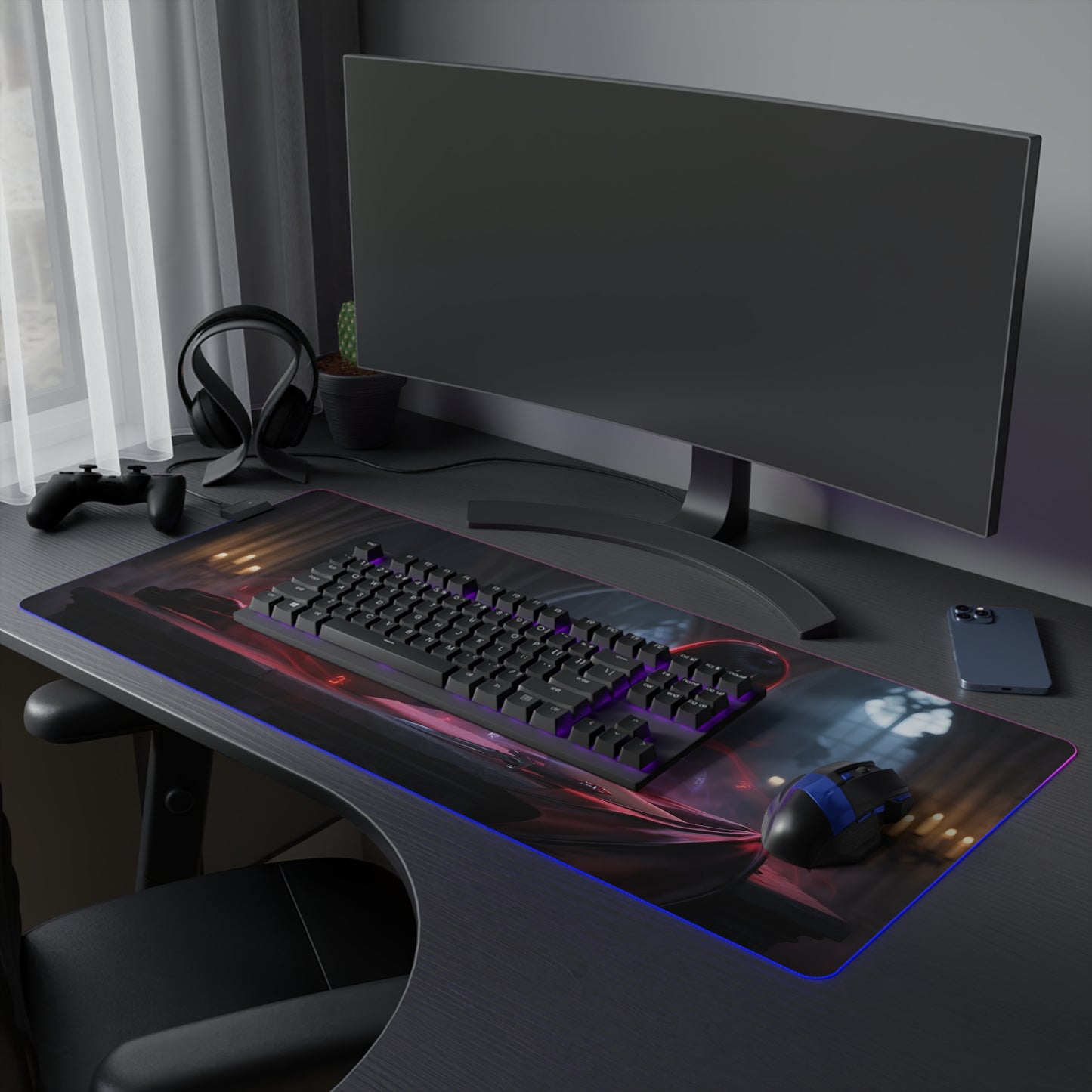 Vampirella RGB Mouse Pad – Dark Fantasy LED Desk Mat, Gamer Room Decor on extended RGB-lit desk with mechanical keyboard and gaming mouse