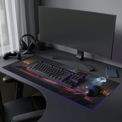 Vampirella RGB Mouse Pad – Dark Fantasy LED Desk Mat, Gamer Room Decor on extended RGB-lit desk with mechanical keyboard and gaming mouse