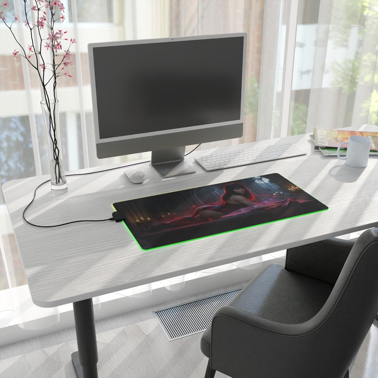 Vampirella RGB Mouse Pad – Dark Fantasy LED Desk Mat, Gamer Room Decor on modern white desk with RGB edge lighting and full keyboard coverage