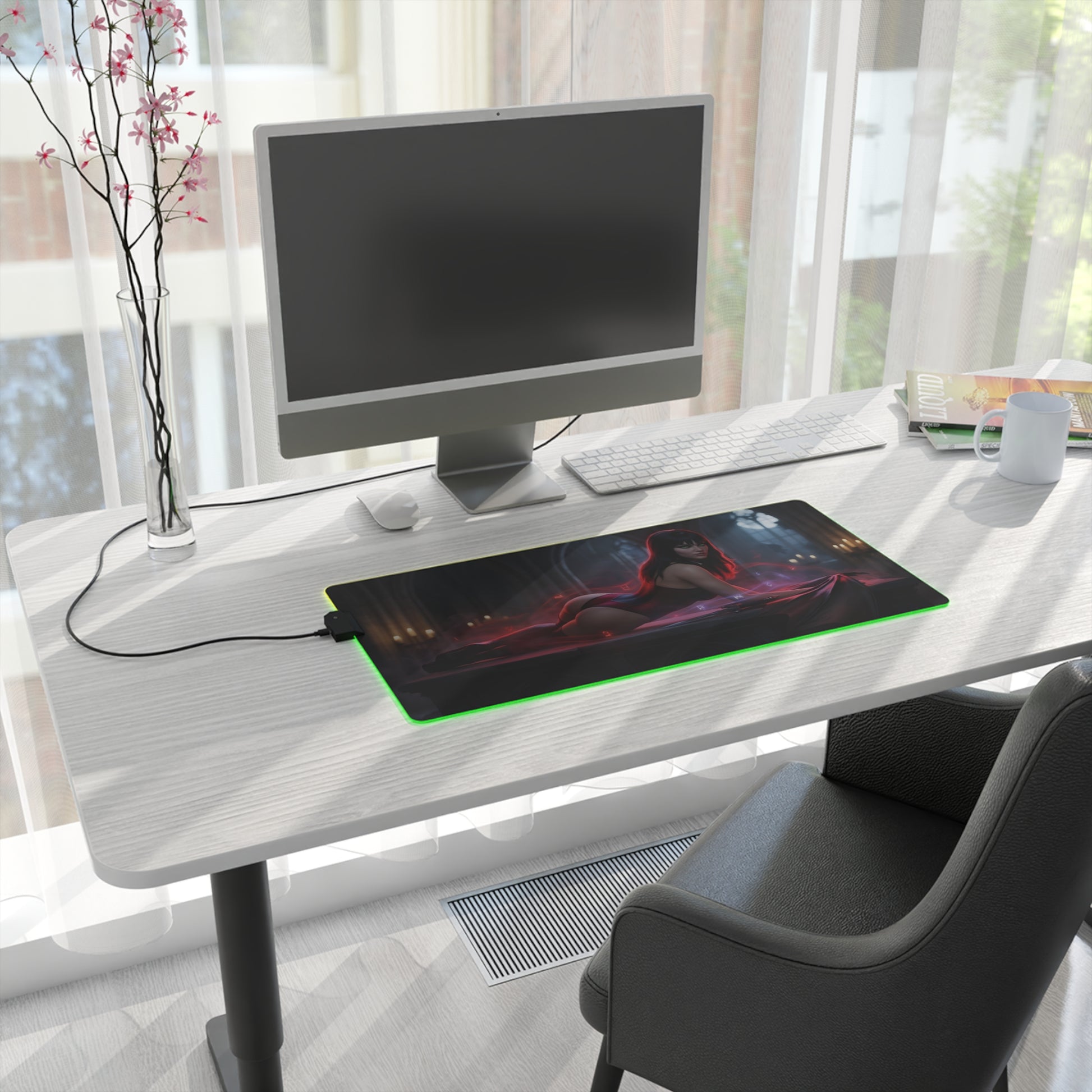 Vampirella RGB Mouse Pad – Dark Fantasy LED Desk Mat, Gamer Room Decor on modern white desk with RGB edge lighting and full keyboard coverage