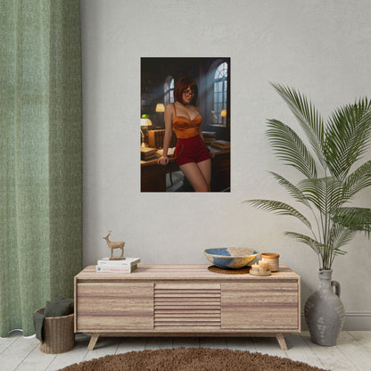 Velma Poster / Velma Wall Art / Velma Art Print / Mystery Anime Poster of Velma in a warm library setting, stylish anime character print for cozy interiors