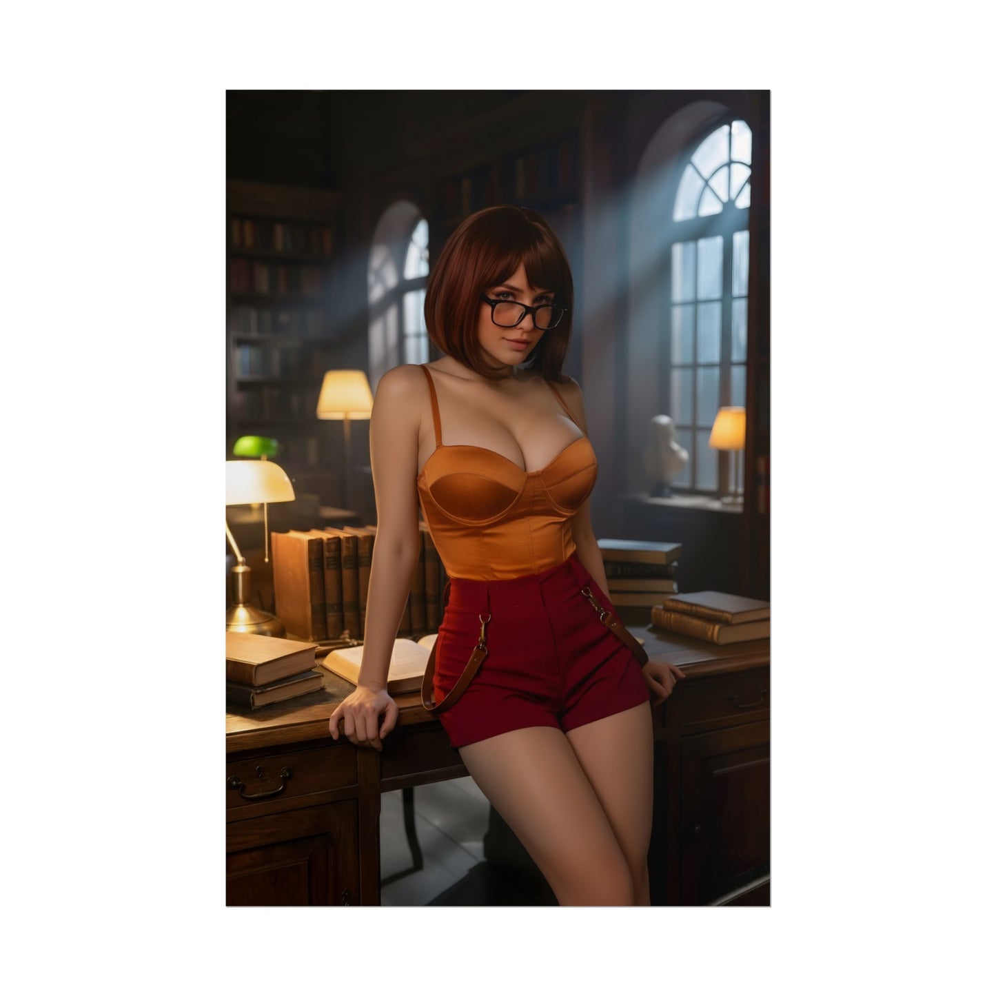 Velma Poster / Velma Wall Art / Velma Art Print / Mystery Anime Poster - stylish Velma in warm library setting, cozy anime-inspired character wall art