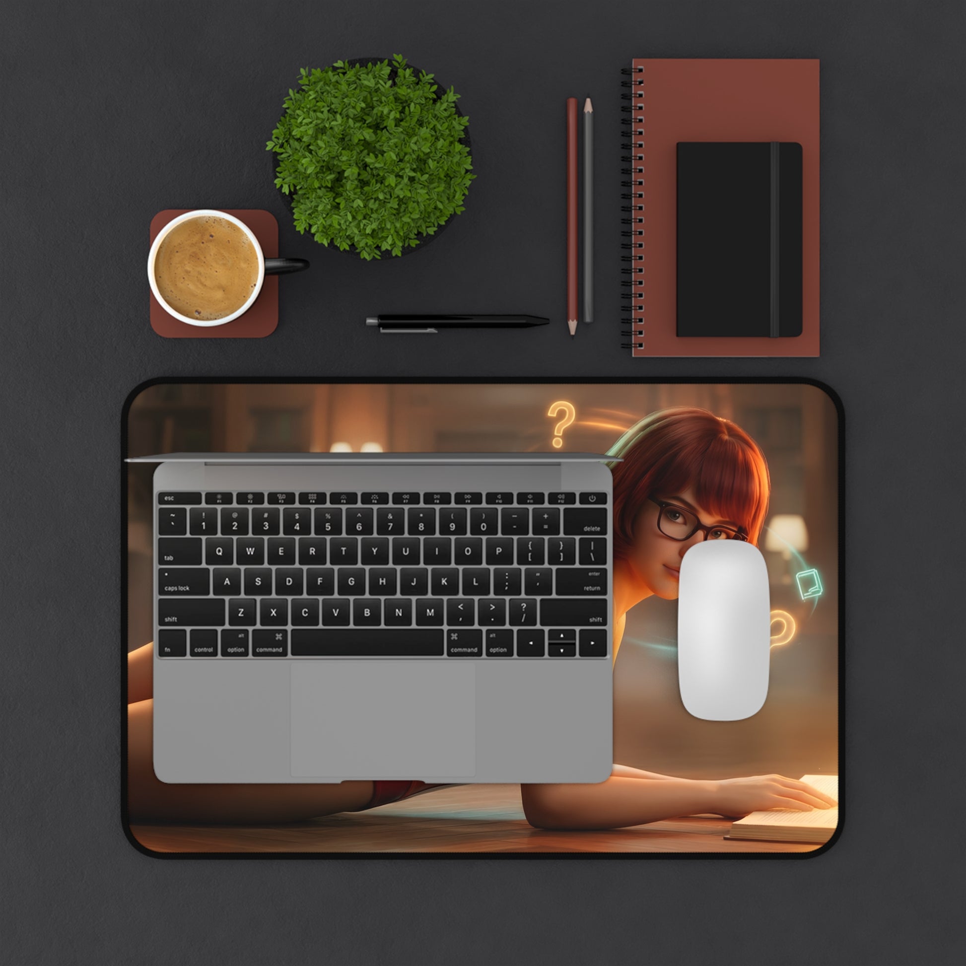Velma Mouse Pad – Scooby-Doo Gaming Mouse Pad, Stylish Gamer Desk Decor on a modern gaming desk with laptop, mouse and coffee