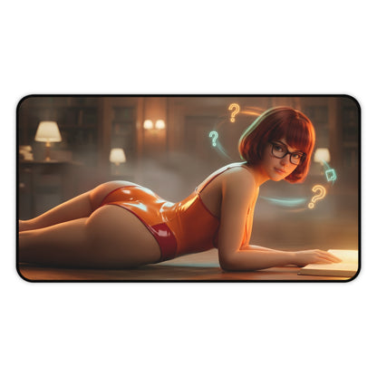 Velma Mouse Pad – Scooby-Doo Gaming Mouse Pad, Stylish Gamer Desk Decor showing Velma in orange outfit on desk with mystery question marks, smooth gaming surface