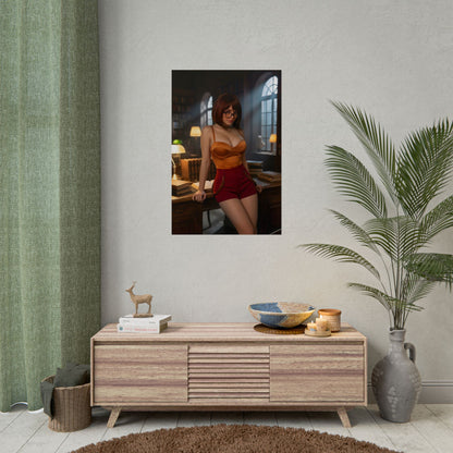 Velma Poster / Velma Wall Art / Velma Art Print / Mystery Anime Poster of stylish Velma in a warm library setting, cozy anime character print for modern interiors