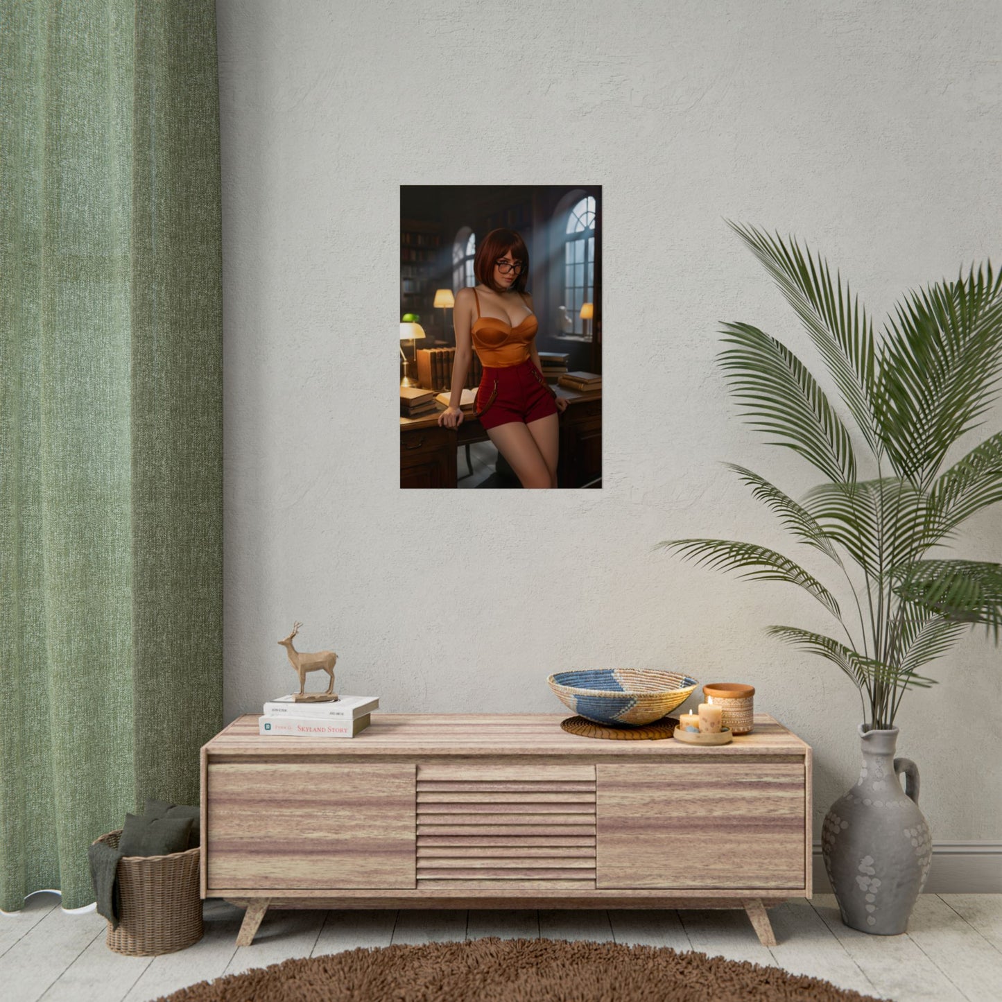 Velma Poster / Velma Wall Art / Velma Art Print / Mystery Anime Poster - stylish anime Velma in warm library setting, cozy character wall decor