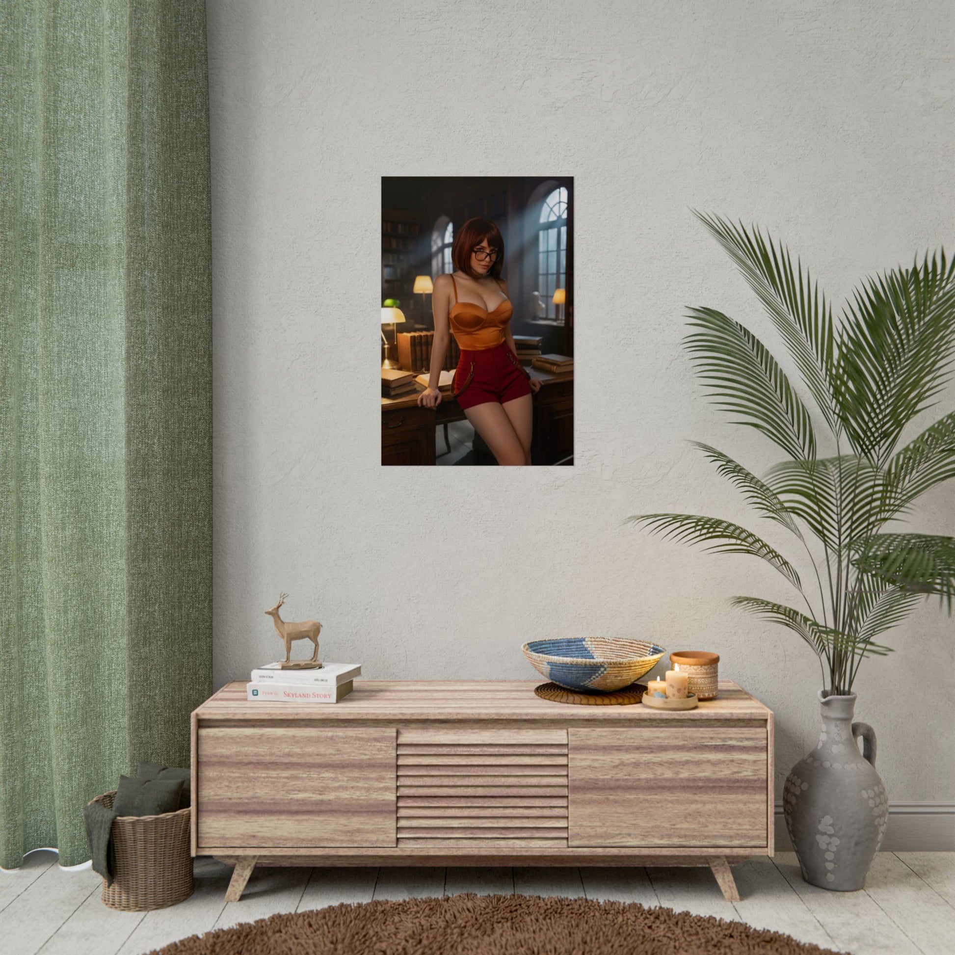 Velma Poster / Velma Wall Art / Velma Art Print / Mystery Anime Poster - stylish anime Velma in warm library setting, cozy character wall decor