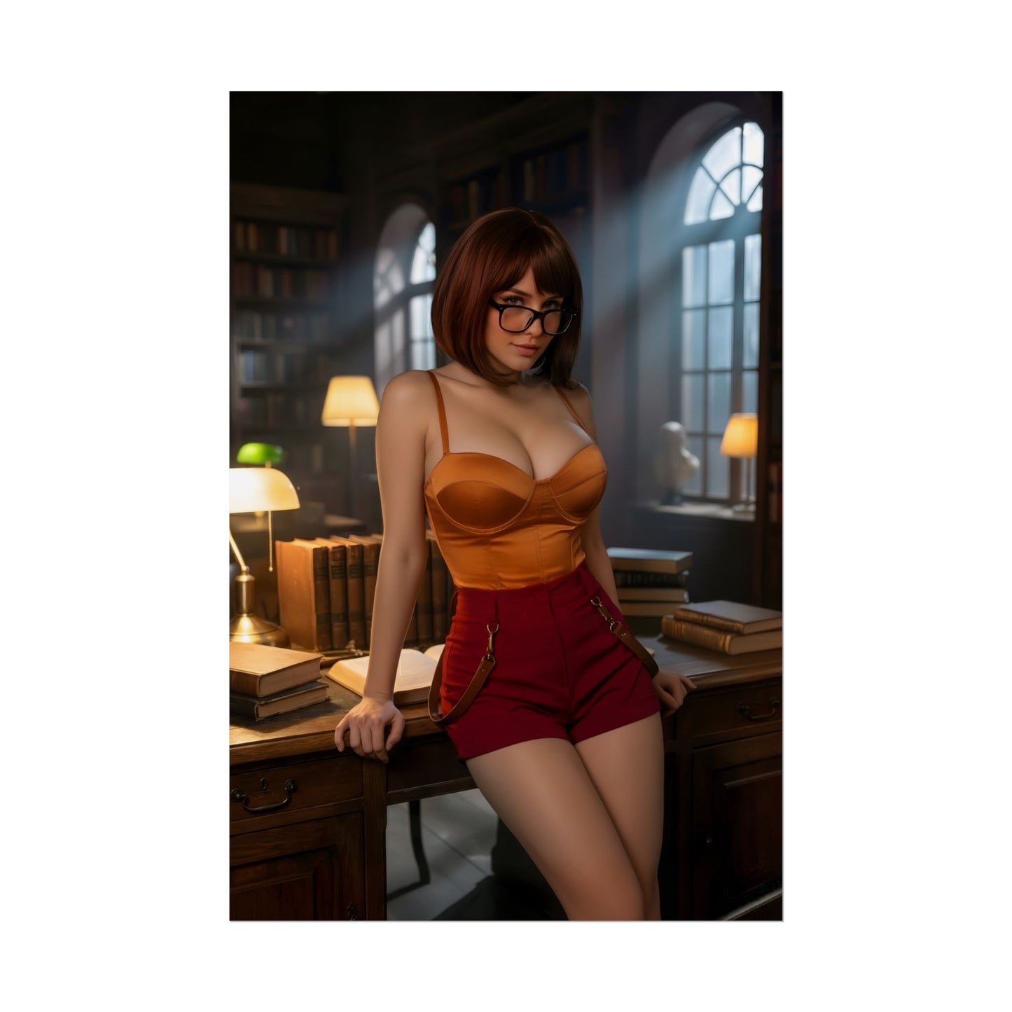 Velma Poster / Velma Wall Art / Velma Art Print / Mystery Anime Poster — stylish Velma in warm library setting, confident pose and cozy anime-inspired decor
