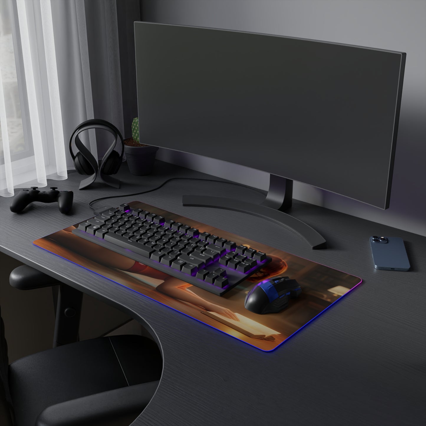 Velma RGB Mouse Pad – Scooby-Doo LED Illuminated Desk Mat, Gamer Room Decor on dark gaming desk with RGB lighting and keyboard