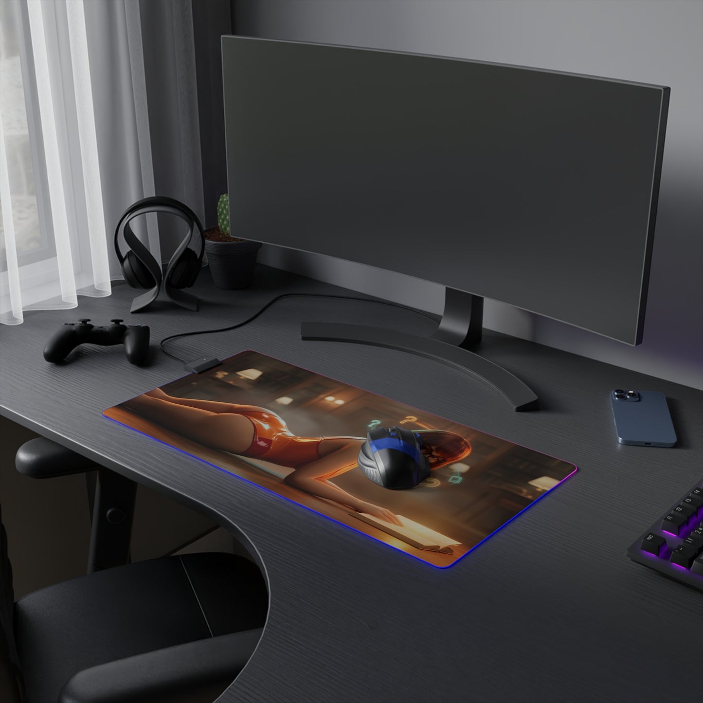 Velma RGB Mouse Pad – Scooby-Doo LED Illuminated Desk Mat, Gamer Room Decor on black gaming desk with RGB edge lighting and smooth surface