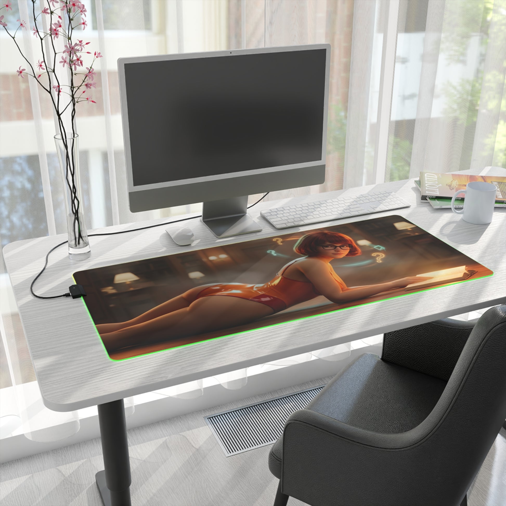 Velma RGB Mouse Pad – Scooby-Doo LED Illuminated Desk Mat, Gamer Room Decor on modern white desk with glowing RGB edge and Velma artwork