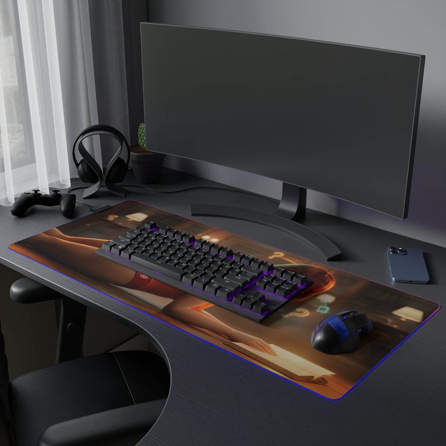 Velma RGB Mouse Pad – Scooby-Doo LED Illuminated Desk Mat, Gamer Room Decor on a modern gaming desk with RGB lighting and extended non-slip base