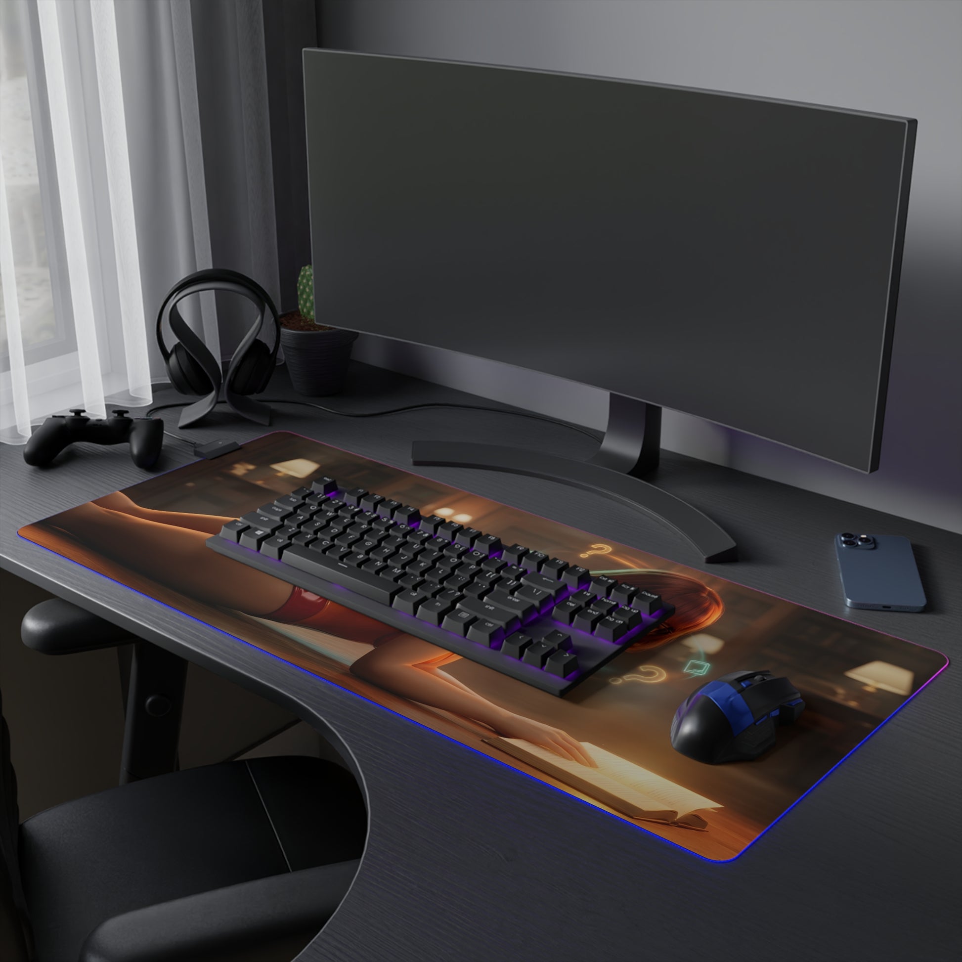 Velma RGB Mouse Pad – Scooby-Doo LED Illuminated Desk Mat, Gamer Room Decor on a modern gaming desk with RGB lighting and extended non-slip base