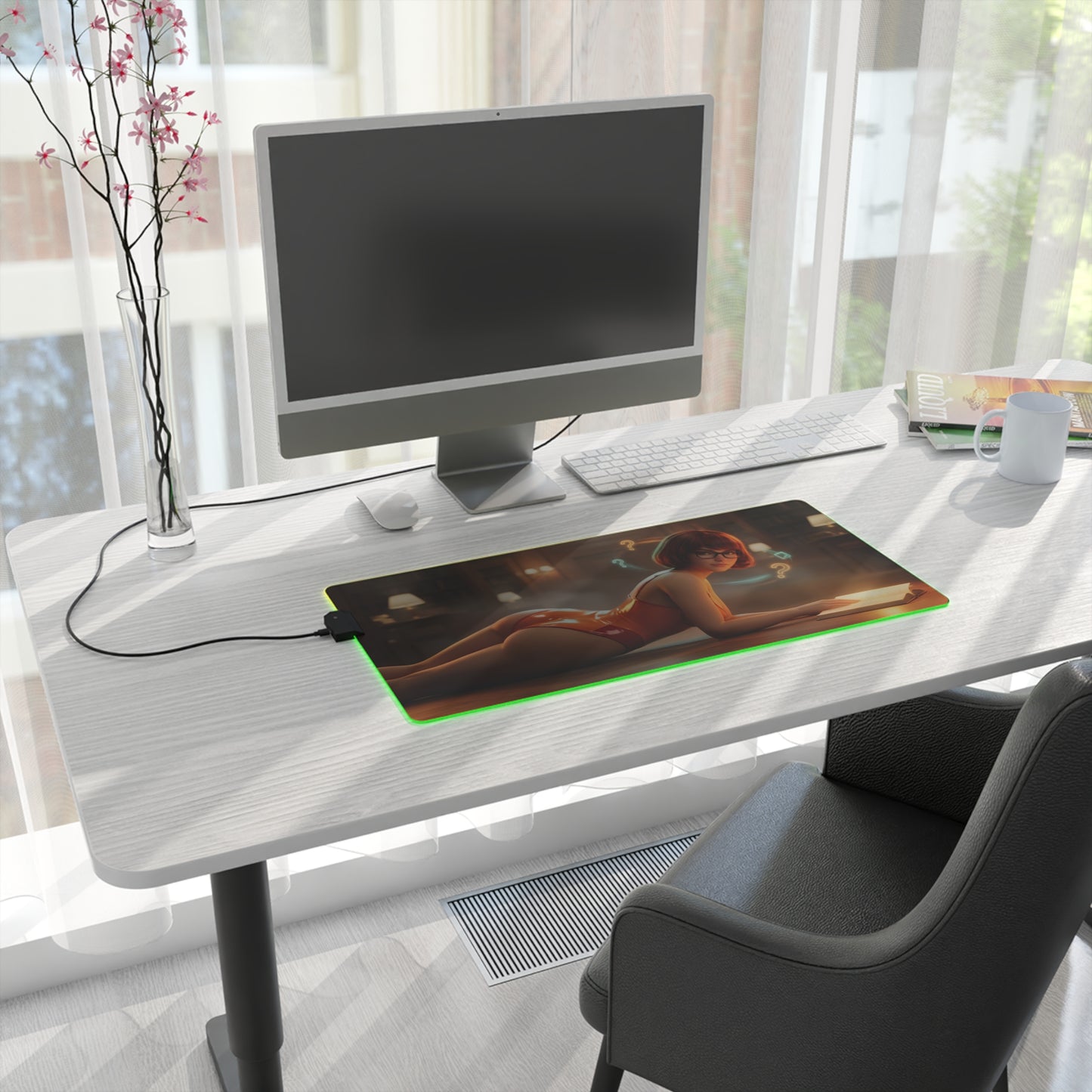 Velma RGB Mouse Pad – Scooby-Doo LED Illuminated Desk Mat, Gamer Room Decor on modern desk with green RGB edge lighting and non-slip base