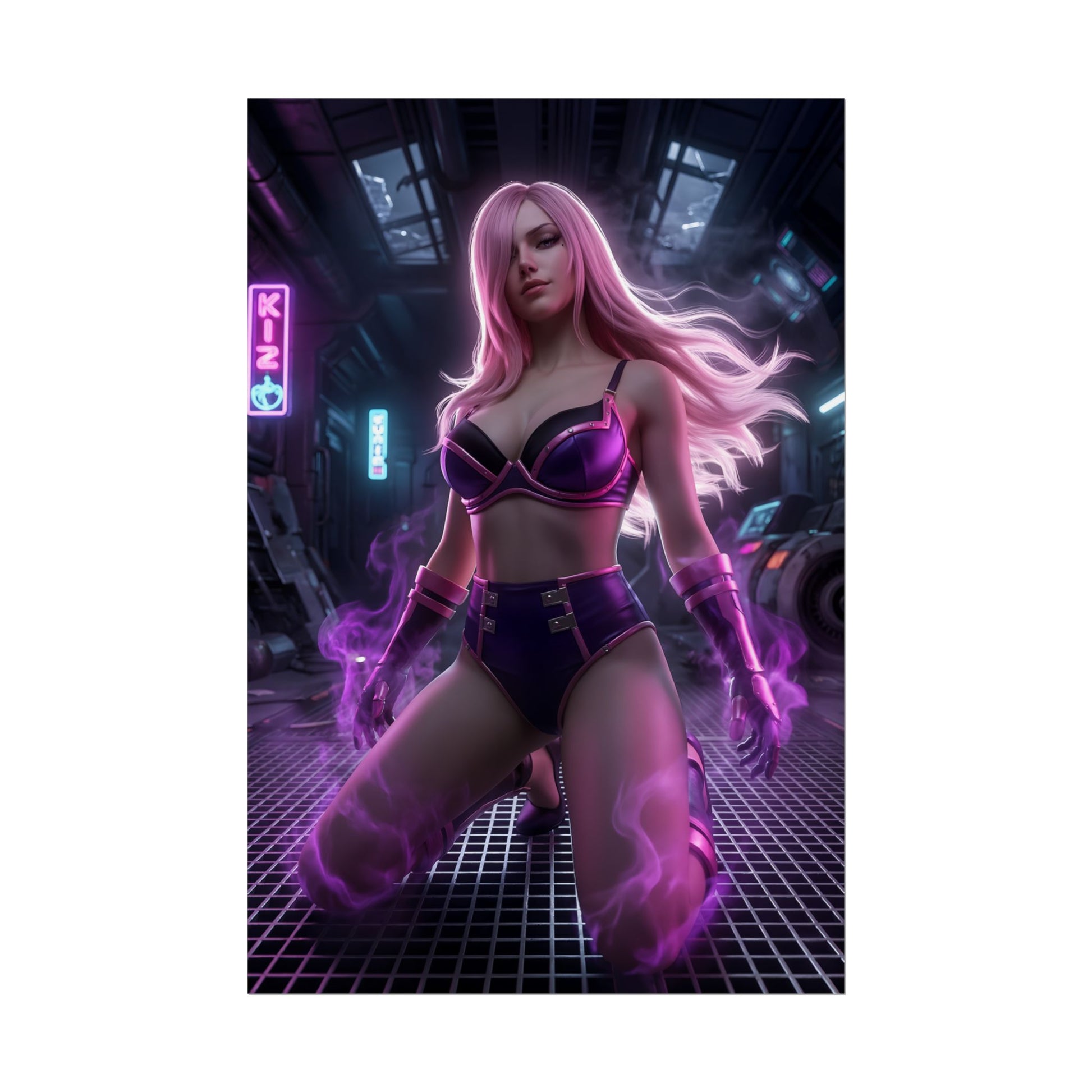 Vinsmoke Reiju Poster / Vinsmoke Reiju Wall Art / Vinsmoke Reiju Art Print / One Piece Poster - neon night warrior princess with pink hair and glowing purple aura