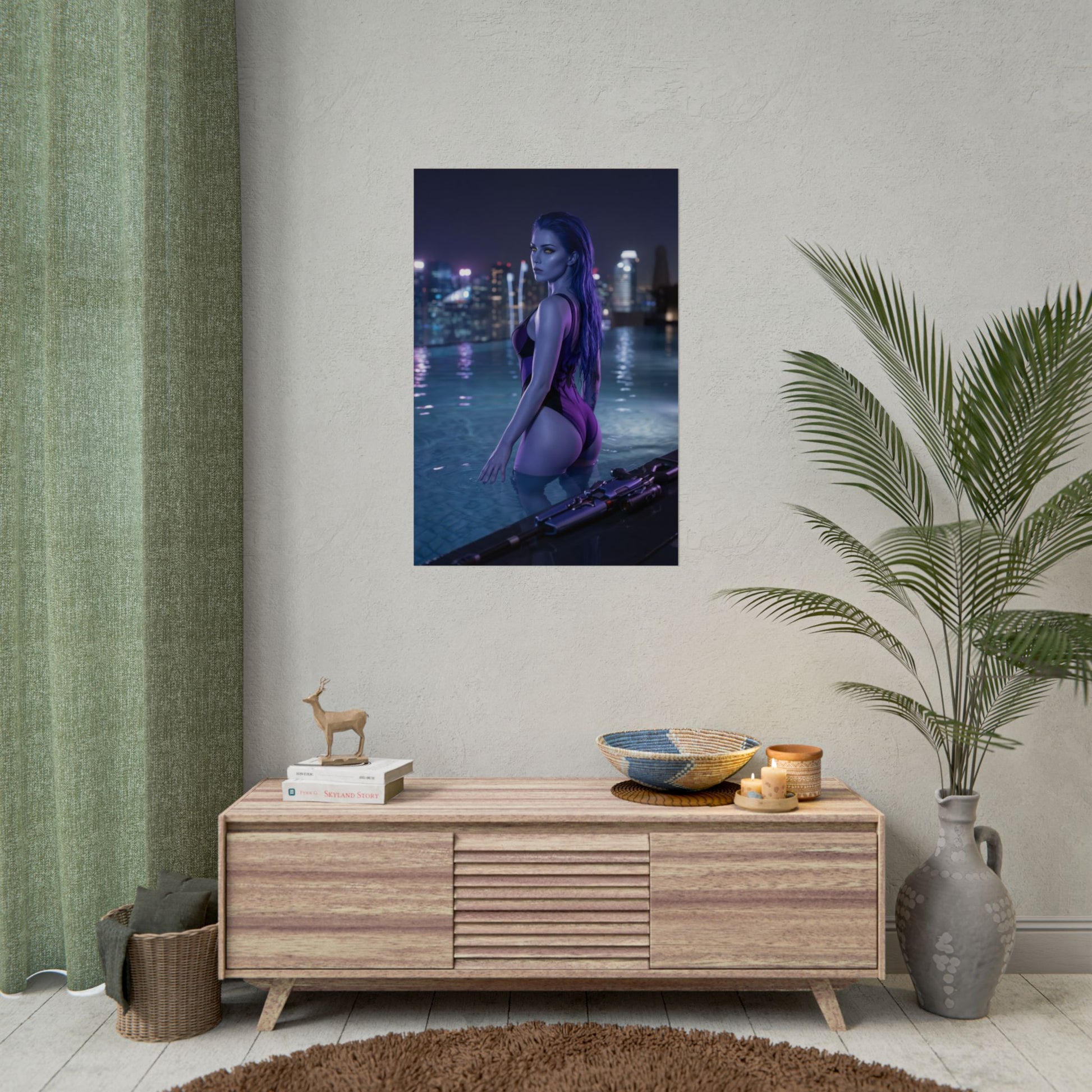 Widowmaker Poster – Overwatch Art Print, Sci-Fi Assassin Wall Art — cinematic rooftop pool scene with neon city skyline at night