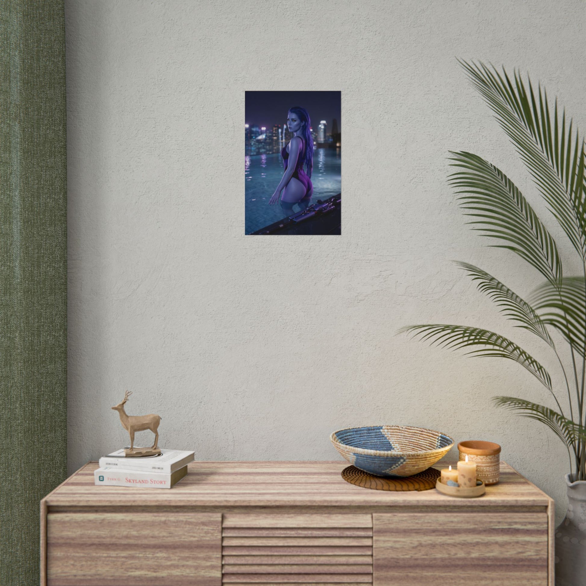 Widowmaker Poster – Overwatch Art Print, Sci-Fi Assassin Wall Art - cinematic rooftop pool scene with neon city skyline and reflective water