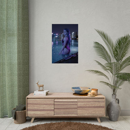 Widowmaker Poster – Overwatch Art Print, Sci-Fi Assassin Wall Art of Widowmaker waist-deep in rooftop pool with neon city skyline at night