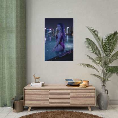Widowmaker Poster – Overwatch Art Print, Sci-Fi Assassin Wall Art - cinematic rooftop pool scene with neon skyline and reflective water