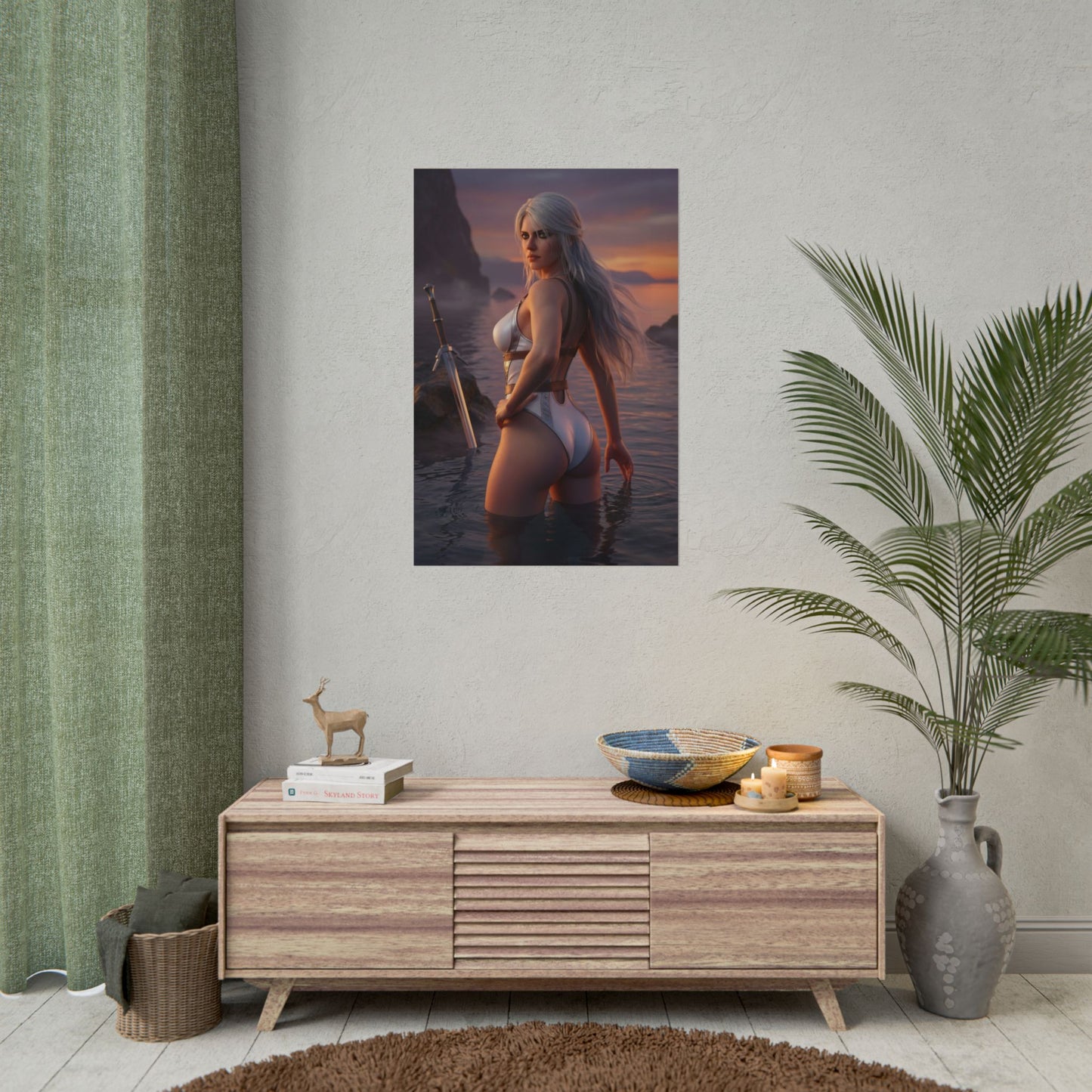 The Witcher Poster – Ciri Art Print, Fantasy Game Wall Art showing Ciri wading in ocean at sunset with sword, cinematic windswept silver hair