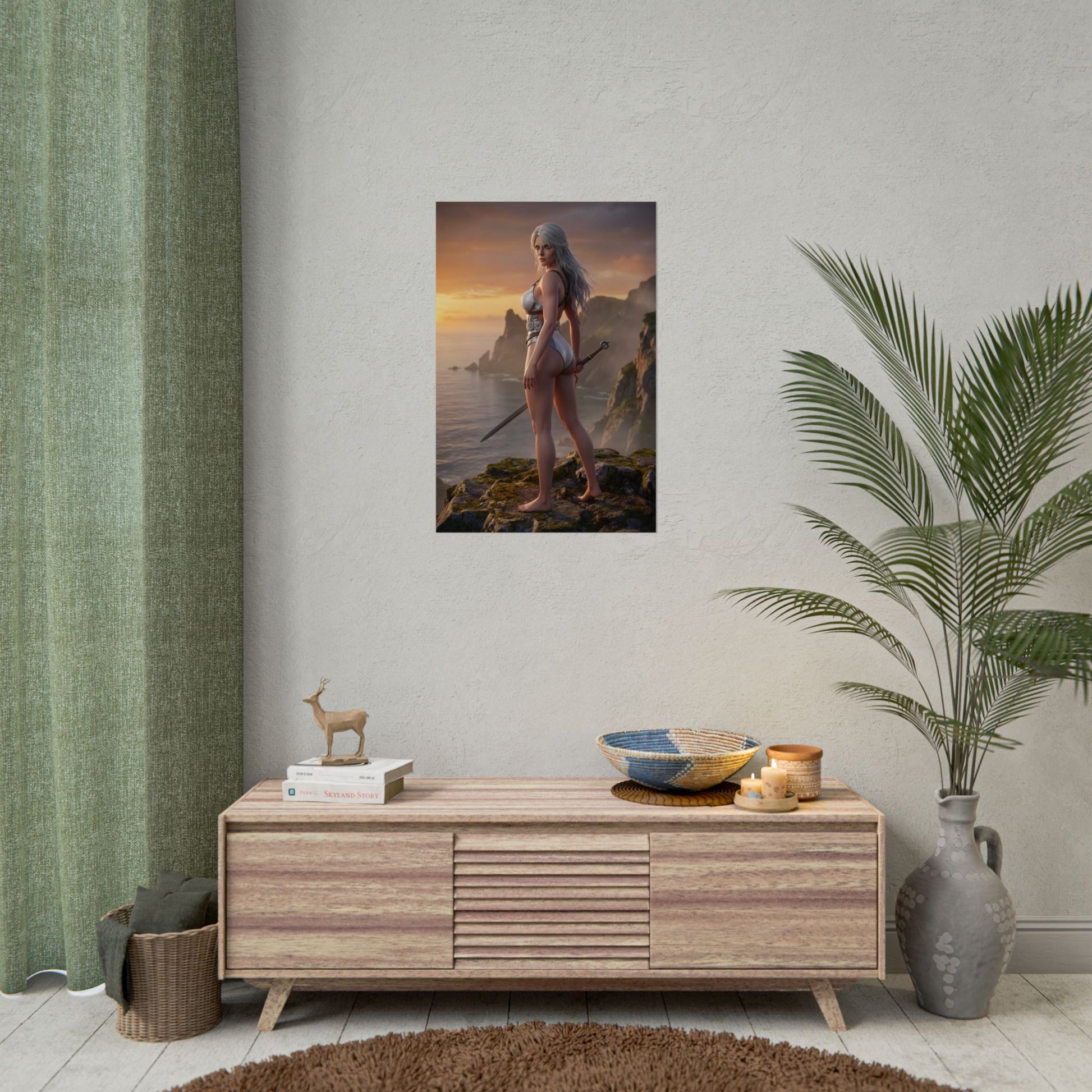 The Witcher Poster – Ciri Art Print, Fantasy Adventure Wall Art featuring Ciri on cliff at sunset with sword – fantasy gaming décor poster