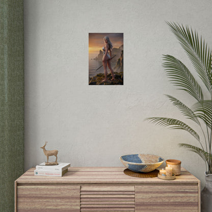 The Witcher Poster – Ciri Art Print, Fantasy Adventure Wall Art showing Ciri on a cliff at sunset with sword overlooking ocean
