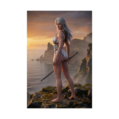 The Witcher Poster – Ciri Art Print, Fantasy Adventure Wall Art showing Ciri on a cliff at sunset with sword overlooking ocean