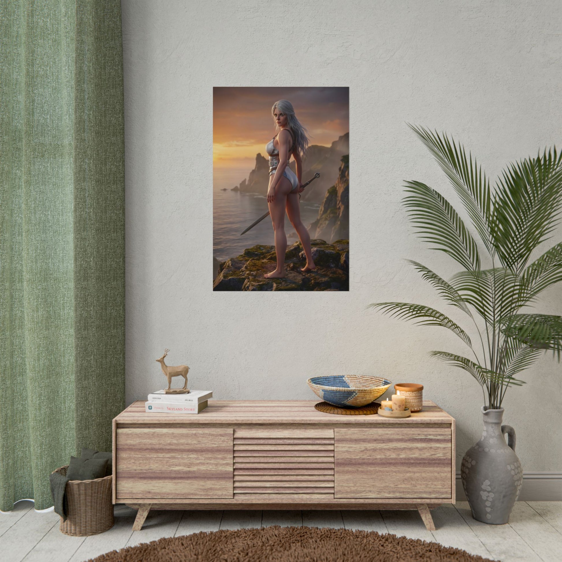 The Witcher Poster – Ciri Art Print, Fantasy Adventure Wall Art featuring Ciri on cliff at sunset with sword overlooking ocean