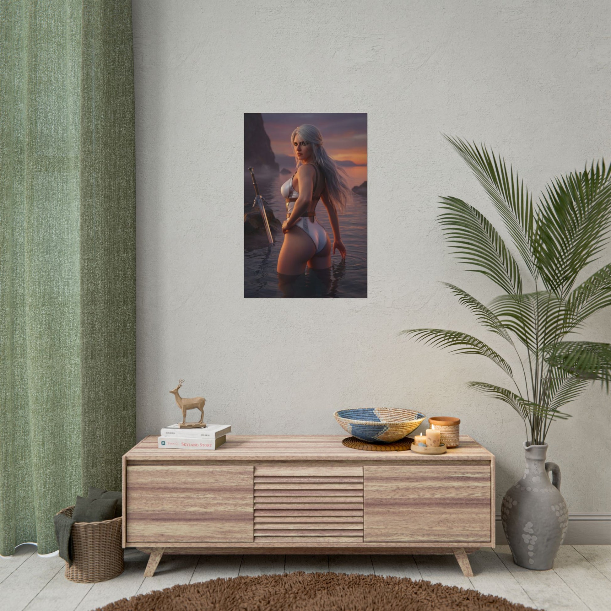 The Witcher Poster – Ciri Art Print, Fantasy Game Wall Art showing Ciri standing in ocean at sunset with windswept silver hair