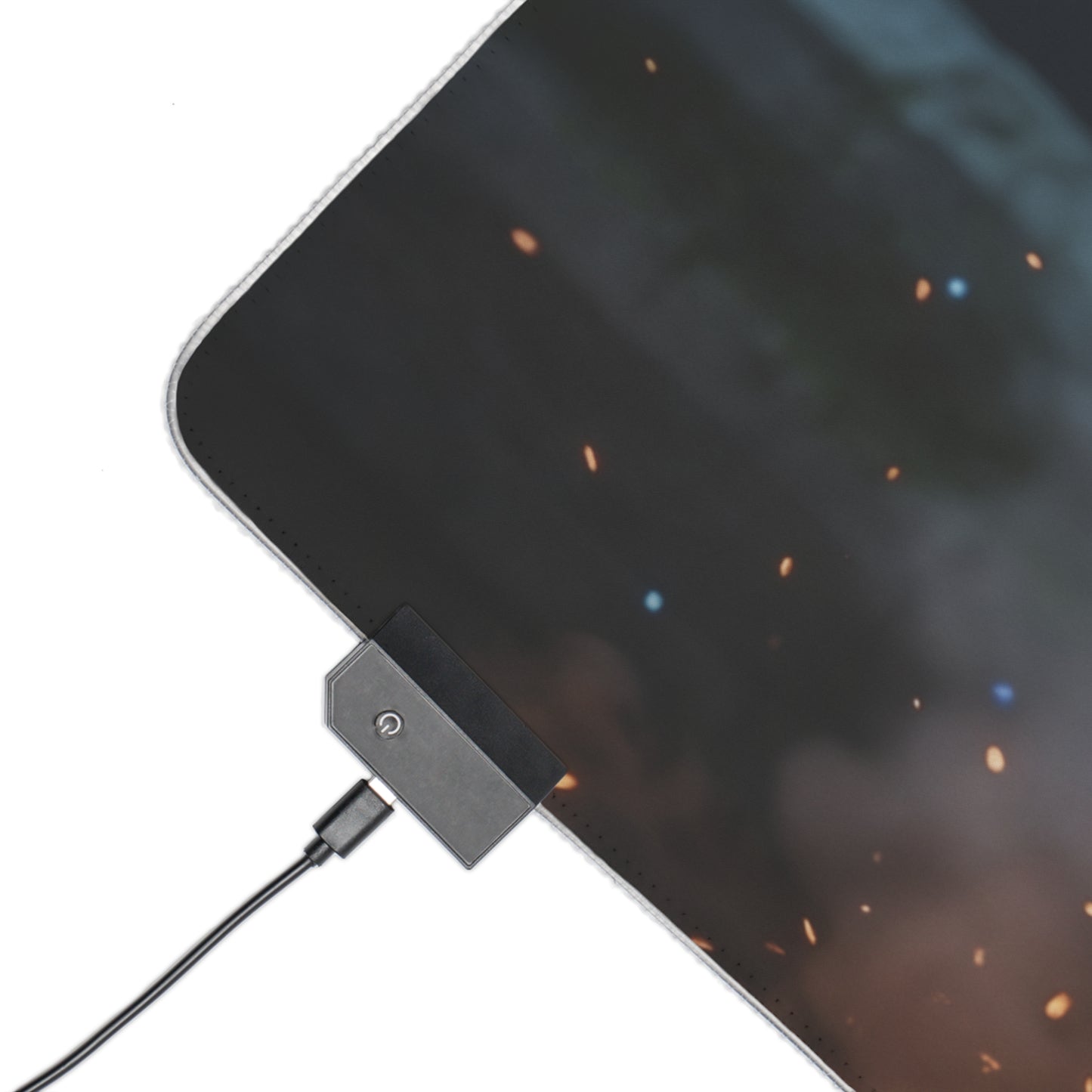 The Witcher Mouse Pad, Ciri LED RGB Desk Mat, Gift for Gamer, Fantasy Room Decor – close-up of RGB desk mat corner with USB controller and ember art