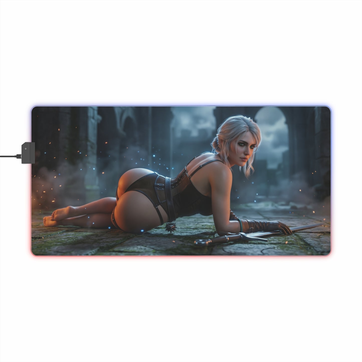 The Witcher Mouse Pad, Ciri LED RGB Desk Mat, Gift for Gamer, Fantasy Room Decor featuring Ciri in warrior pose on RGB desk mat
