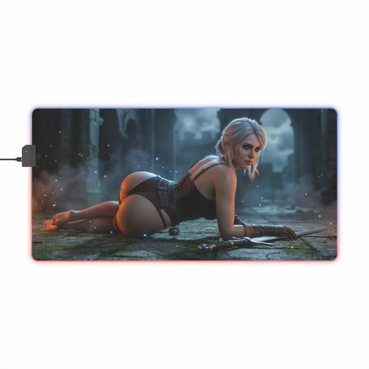The Witcher Mouse Pad, Ciri LED RGB Desk Mat, Gift for Gamer, Fantasy Room Decor featuring Ciri in warrior pose on RGB desk mat