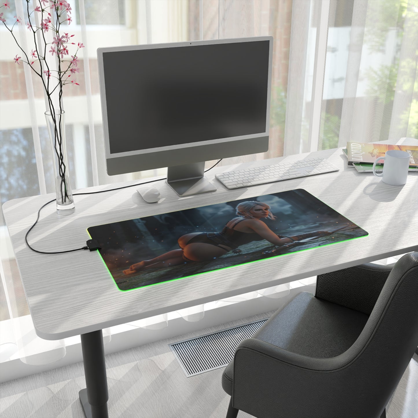 The Witcher Mouse Pad, Ciri LED RGB Desk Mat, Gift for Gamer, Fantasy Room Decor – LED Ciri desk mat on modern gaming setup with smooth precision-cloth surface