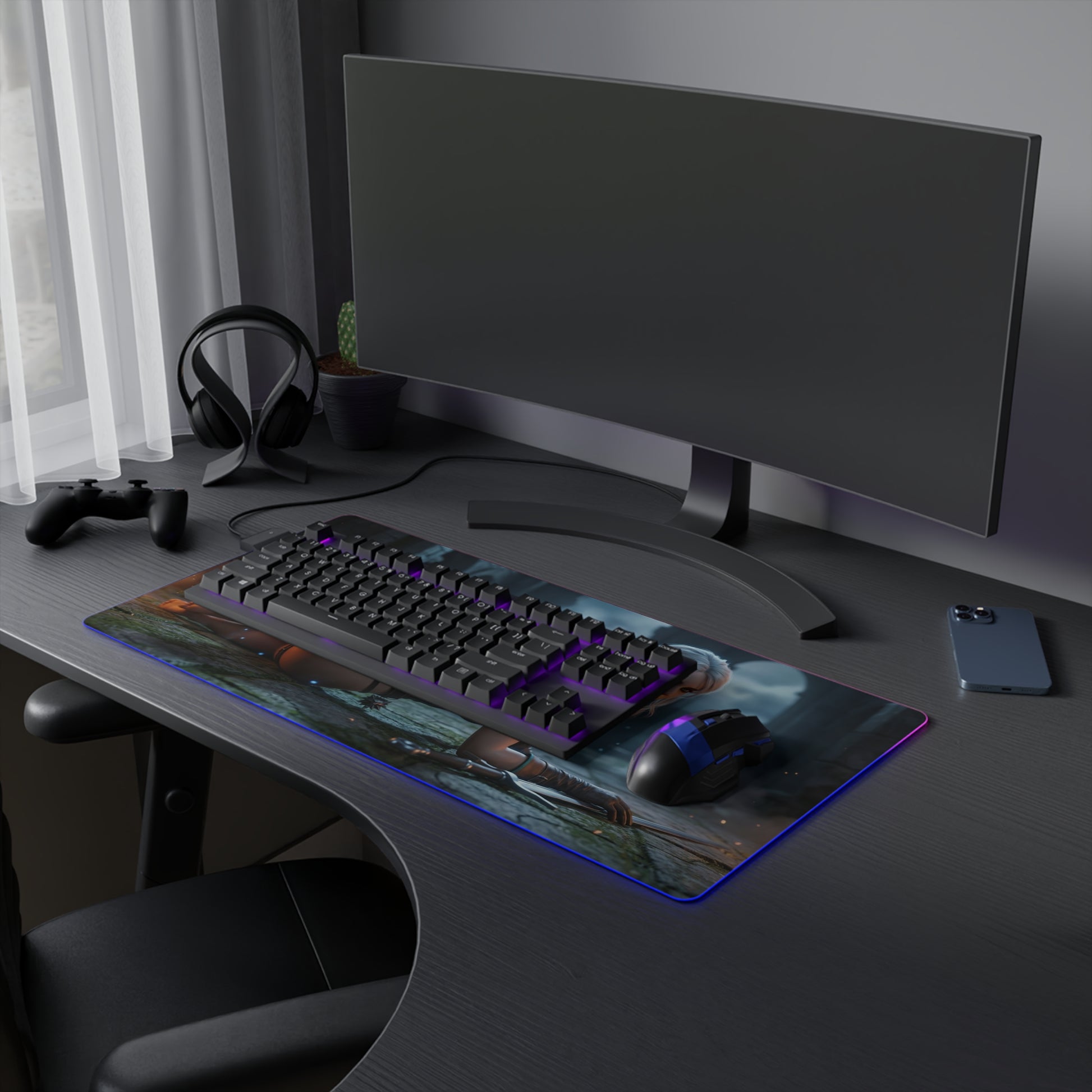 The Witcher Mouse Pad, Ciri LED RGB Desk Mat, Gift for Gamer, Fantasy Room Decor — Ciri artwork LED RGB desk mat on gaming setup