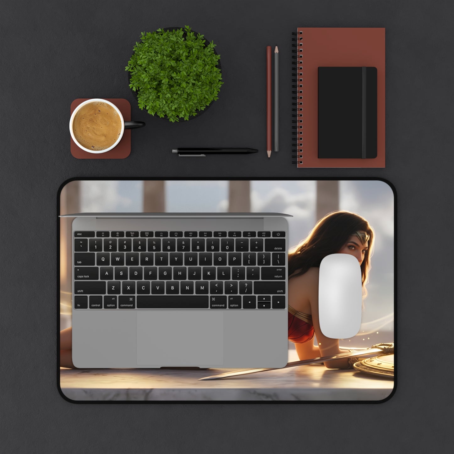Wonder Woman Mouse Pad – DC Comics Gaming Mouse Pad, Stylish Gamer Desk Decor on modern desk with laptop, mouse and coffee