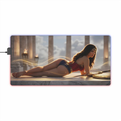 Wonder Woman RGB Mouse Pad – DC Comics LED Desk Mat, Superhero Gamer Setup featuring reclining Wonder Woman art, RGB edge lighting, extended non-slip desk mat