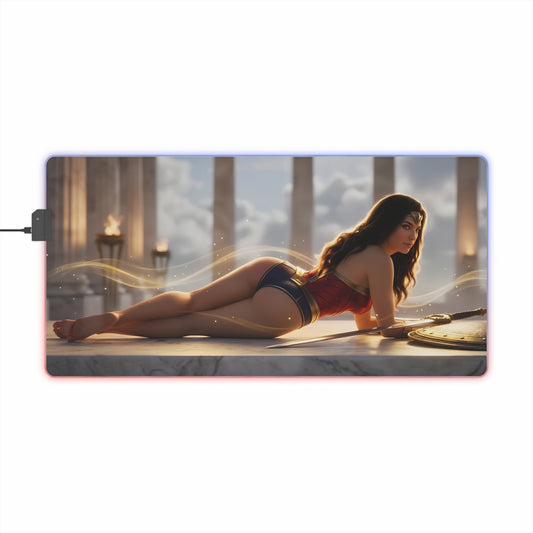 Wonder Woman RGB Mouse Pad – DC Comics LED Desk Mat, Superhero Gamer Setup featuring reclining Wonder Woman art, RGB edge lighting, extended non-slip desk mat
