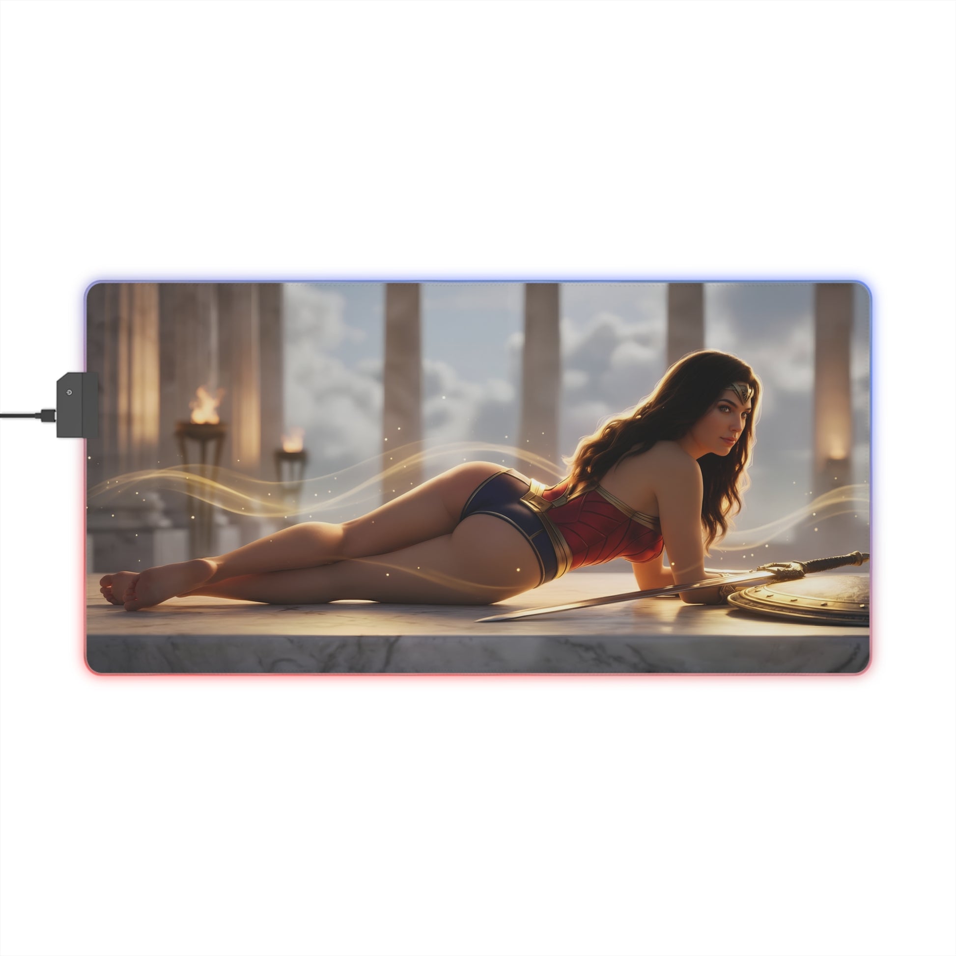 Wonder Woman RGB Mouse Pad – DC Comics LED Desk Mat, Superhero Gamer Setup with reclining Wonder Woman artwork, RGB edge lighting, extended non-slip mat