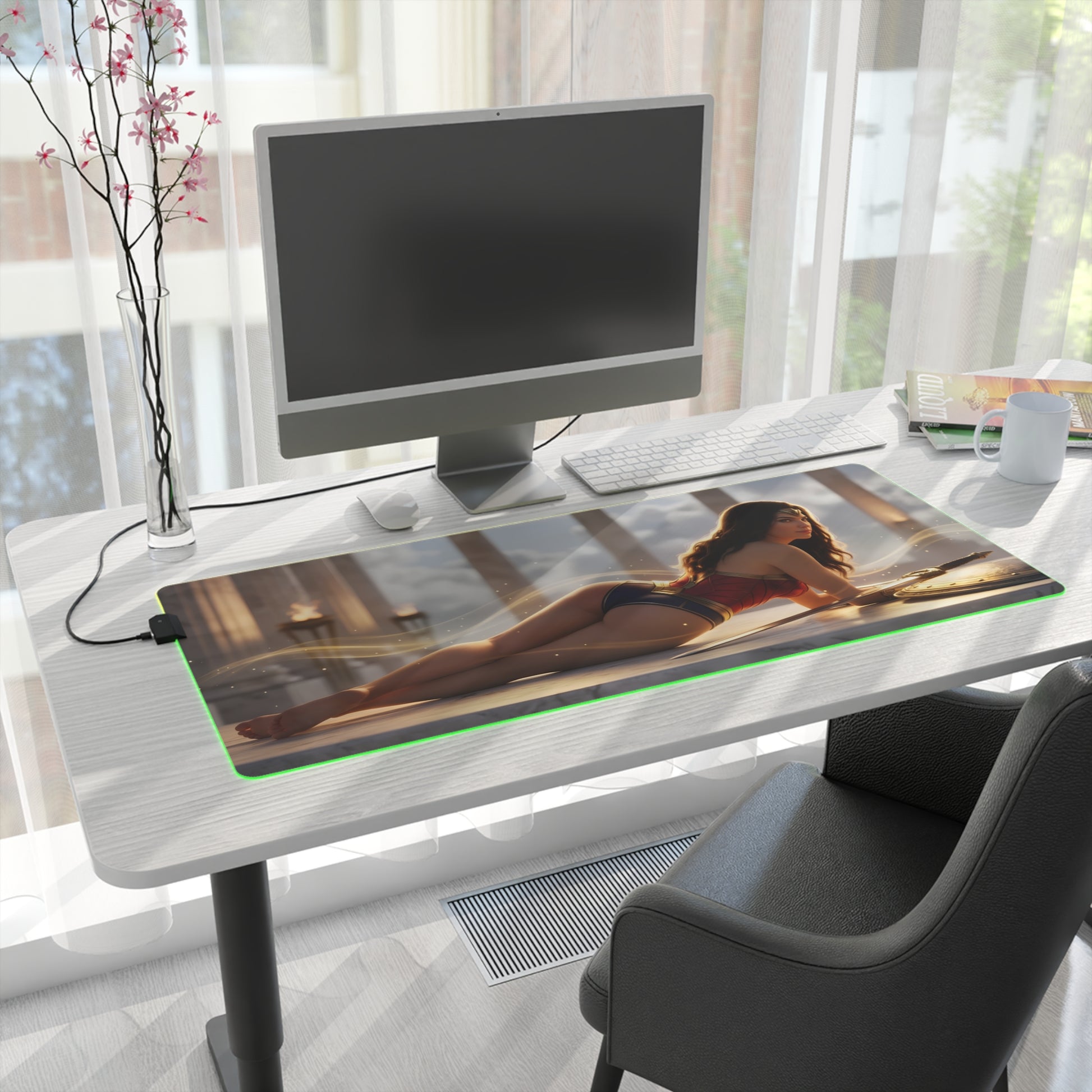 Wonder Woman RGB Mouse Pad – DC Comics LED Desk Mat, Superhero Gamer Setup featuring HD Wonder Woman artwork, RGB edge lighting, extended non-slip desk mat