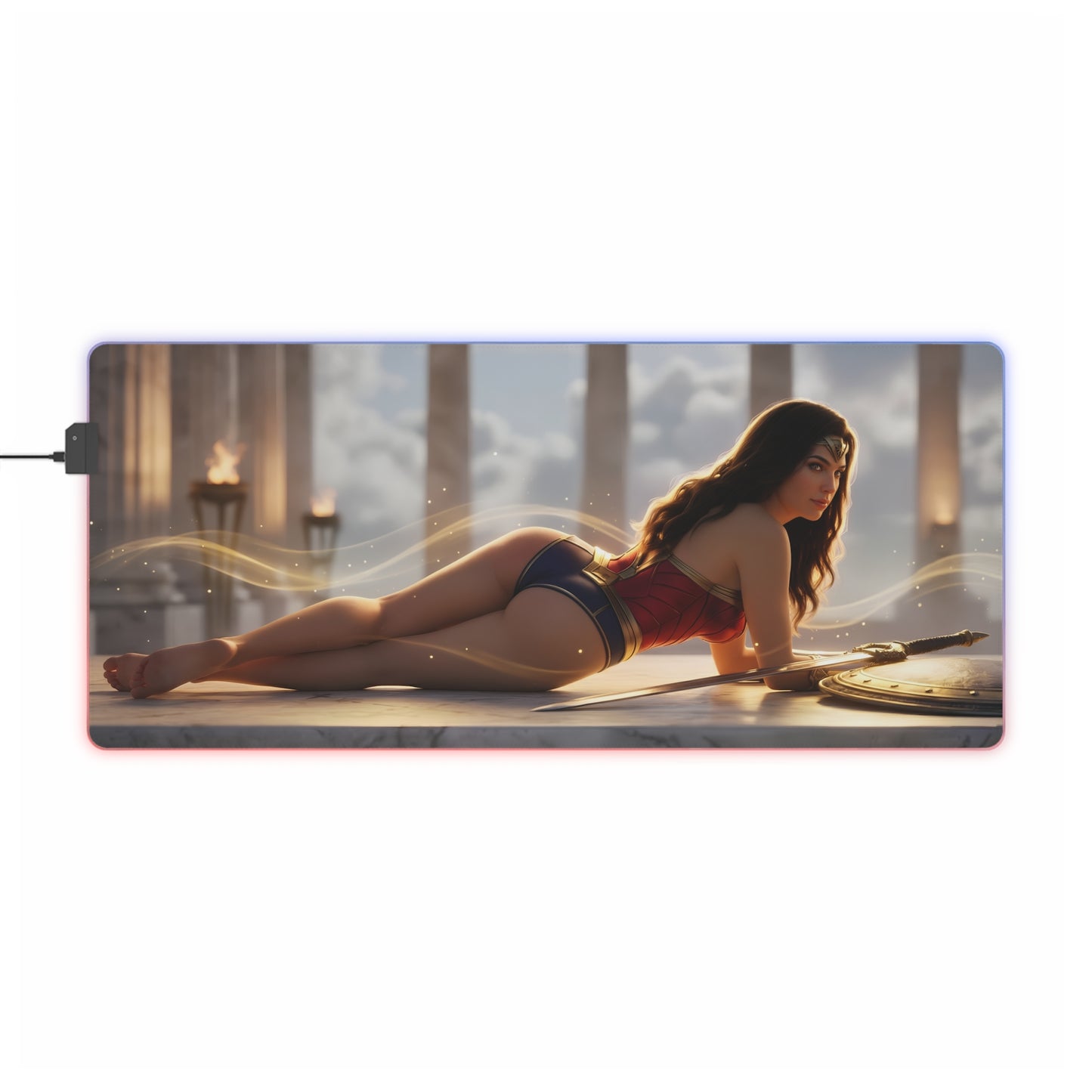 Wonder Woman RGB Mouse Pad – DC Comics LED Desk Mat, Superhero Gamer Setup featuring reclining heroine artwork, RGB edge lighting and extended desk coverage