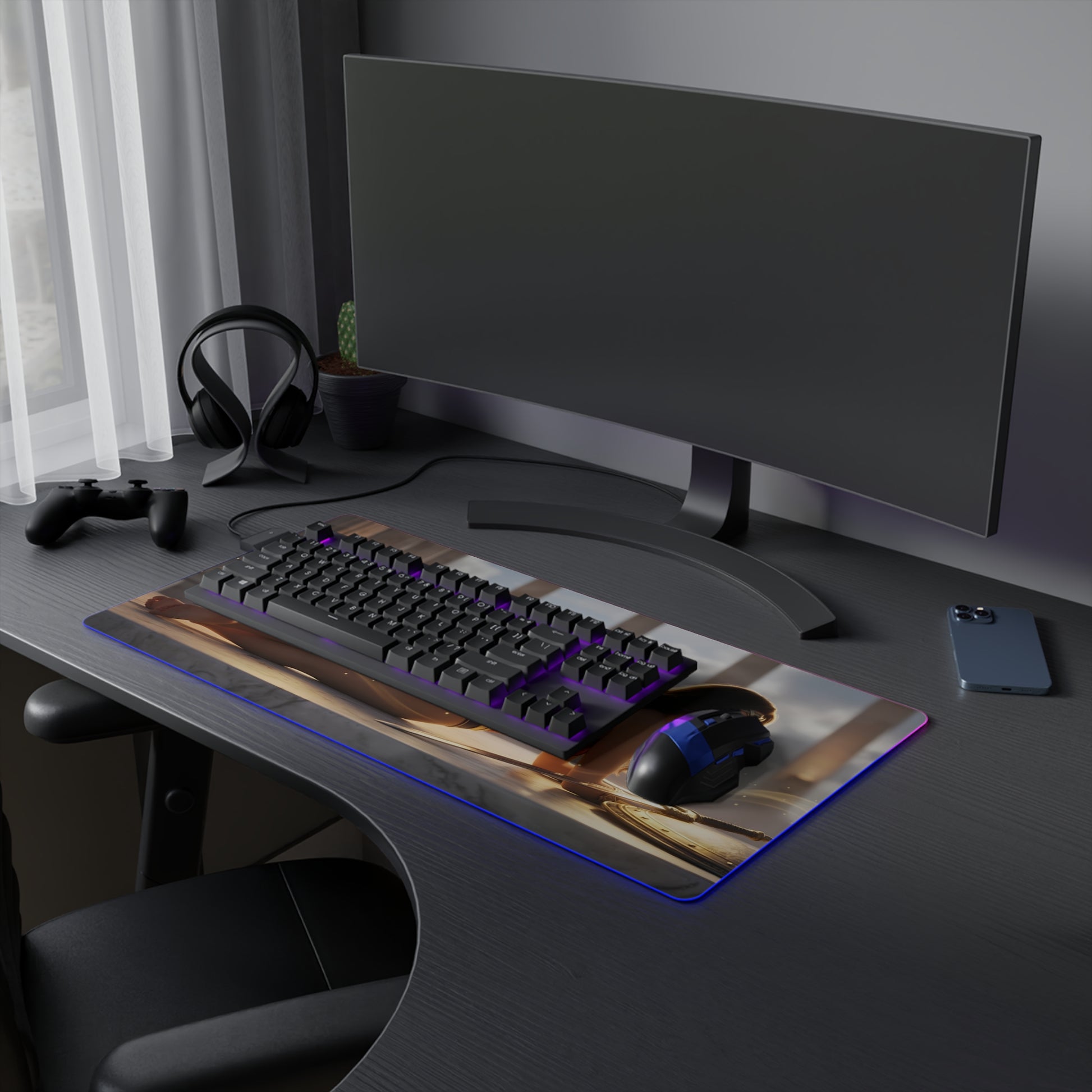 Wonder Woman RGB Mouse Pad – DC Comics LED Desk Mat, Superhero Gamer Setup on a sleek gaming desk with RGB edge lighting and full keyboard coverage