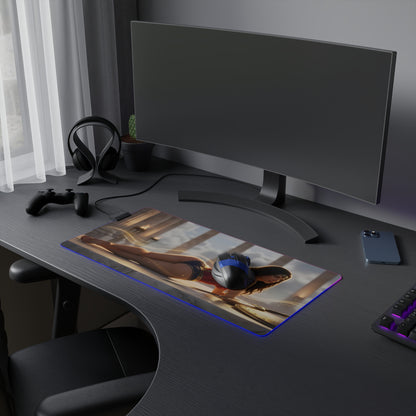 Wonder Woman RGB Mouse Pad – DC Comics LED Desk Mat, Superhero Gamer Setup on a clean gaming desk with RGB edge lighting and extended keyboard coverage