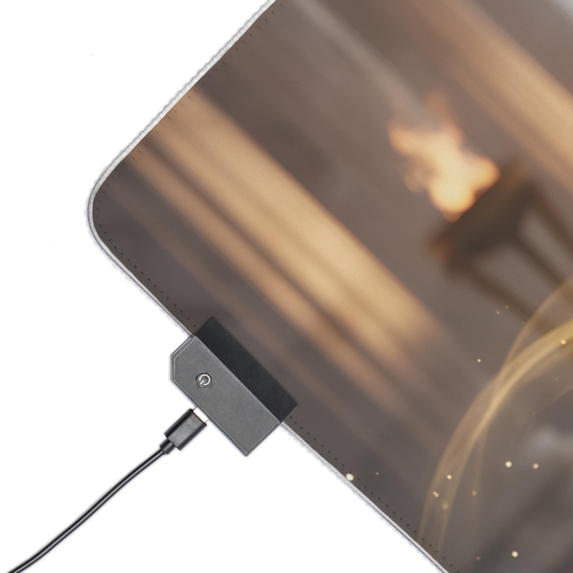 Wonder Woman RGB Mouse Pad – DC Comics LED Desk Mat, Superhero Gamer Setup close-up of LED edge controller and stitched corner on extended gaming desk mat