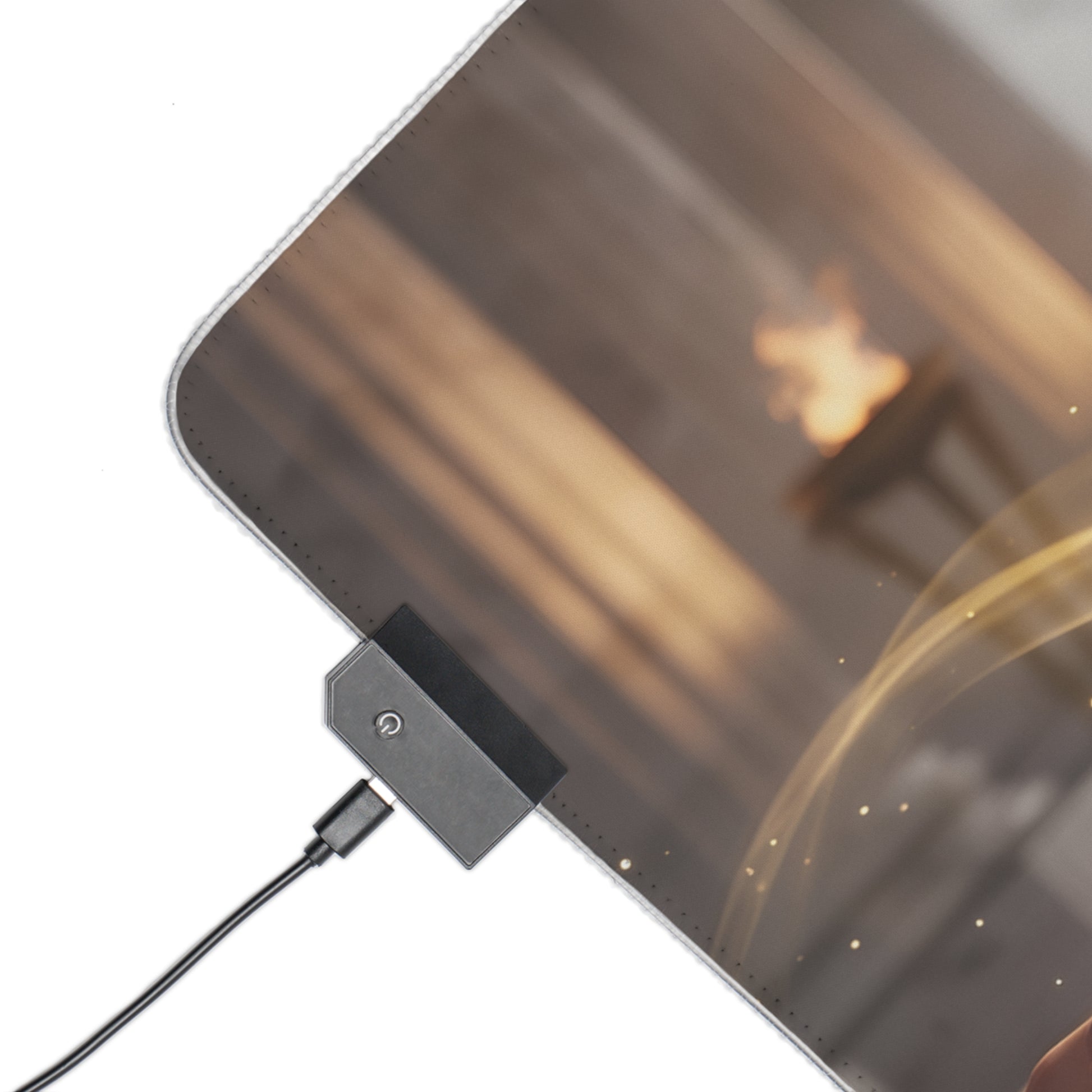 Wonder Woman RGB Mouse Pad – DC Comics LED Desk Mat, Superhero Gamer Setup close-up of LED edge control and stitched corner on extended desk mat